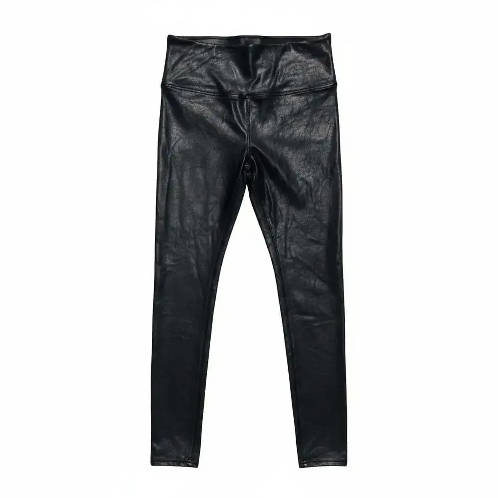SPANX Faux Leather Leggings Black Size Large High Waist Shaping Style 2437